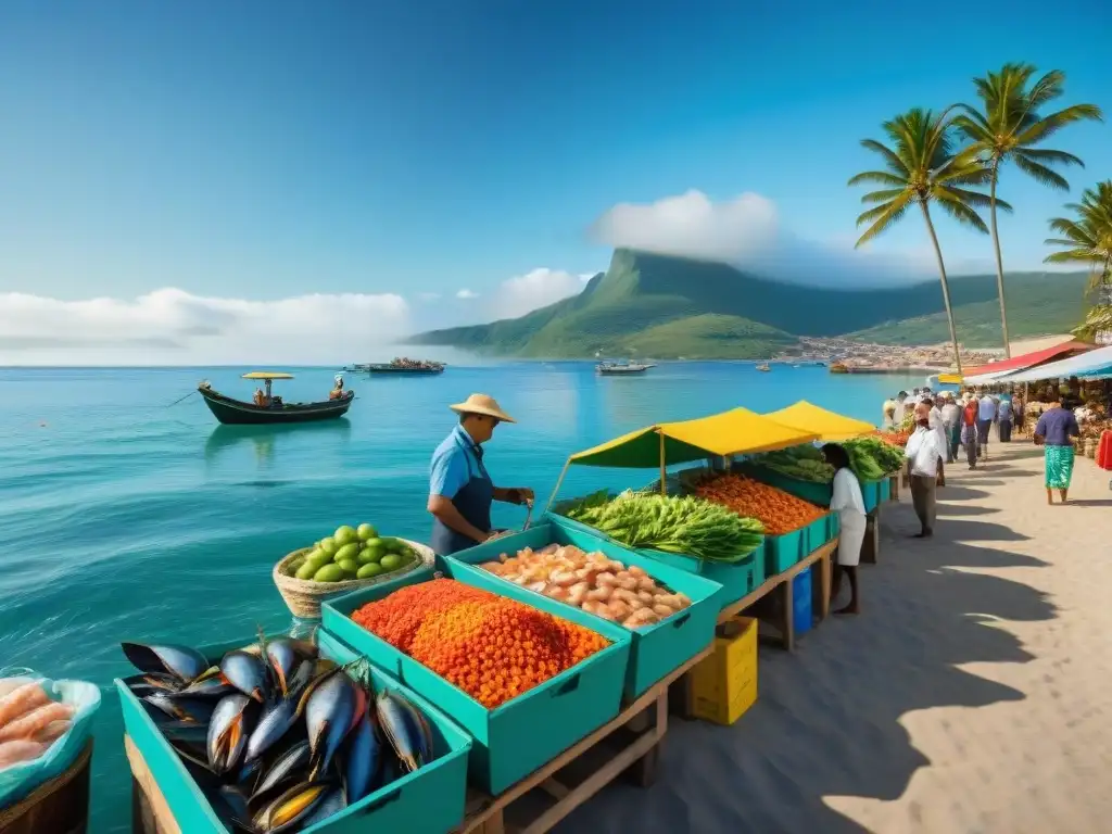 Mercado costero lleno de vida y color en Paraíso Costero Un mercado costero bullicioso con pescado fresco, frutas, verduras y artesanos locales, junto al mar y palmeras
