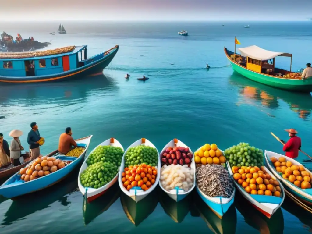 Mercado costero: vida y color entre pescadores y artesanos Un mercado costero bullicioso con pescado fresco, frutas coloridas y artesanías, entre barcos y gaviotas