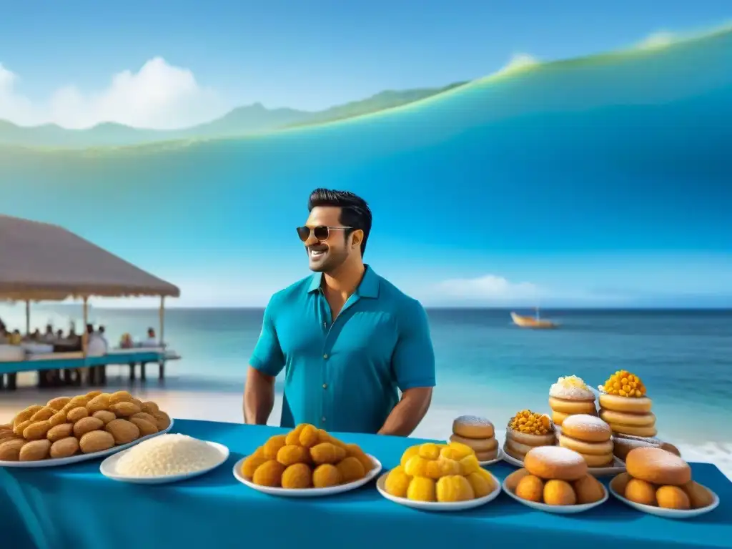 Mercado costero: postres tradicionales junto al mar Un mercado costero bullicioso con postres tradicionales costeros como flan de coco, churros dorados y pasteles decorados