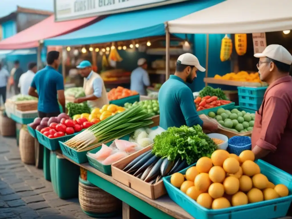 Mercado costero lleno de vida y color Mercado costero bullicioso con puestos de mariscos frescos, frutas tropicales y pescadores locales interactuando con clientes