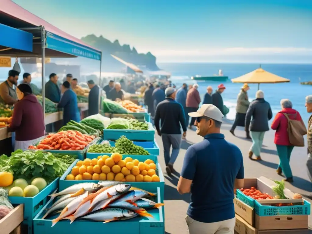Mercado costero: frescura y diversidad junto al mar Un mercado costero bullicioso con puestos vibrantes llenos de mariscos frescos, frutas y verduras coloridas