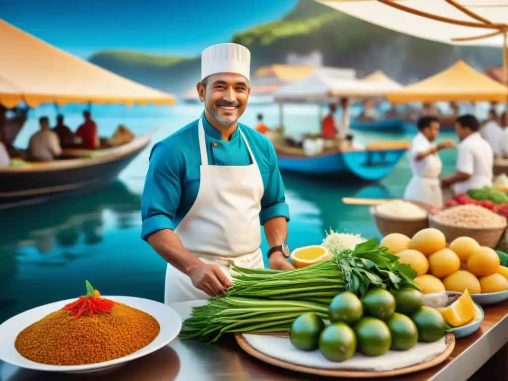 Mercado costero: Experiencia culinaria vibrante y global Un mercado costero bullicioso fusiona sabores, con frutas vibrantes, mariscos frescos y especias exóticas