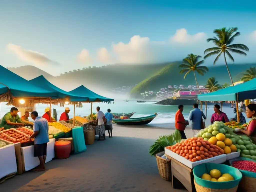 Mercado costero: vida, color y tradición junto al mar Un mercado costero bullicioso con vendedores locales ofreciendo mariscos frescos, frutas coloridas y artesanías
