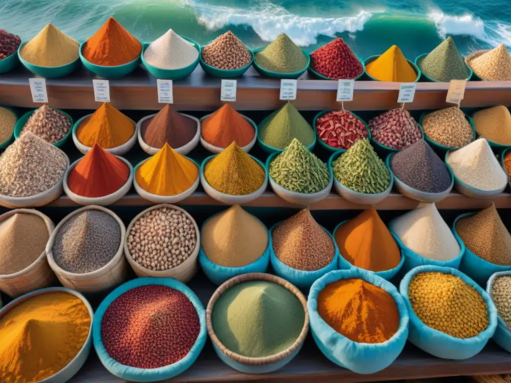 Mercado costero de especias: colores vibrantes y autenticidad junto al mar Un mercado costero bullicioso con vibrantes especias exóticas como azafrán, cardamomo y cúrcuma