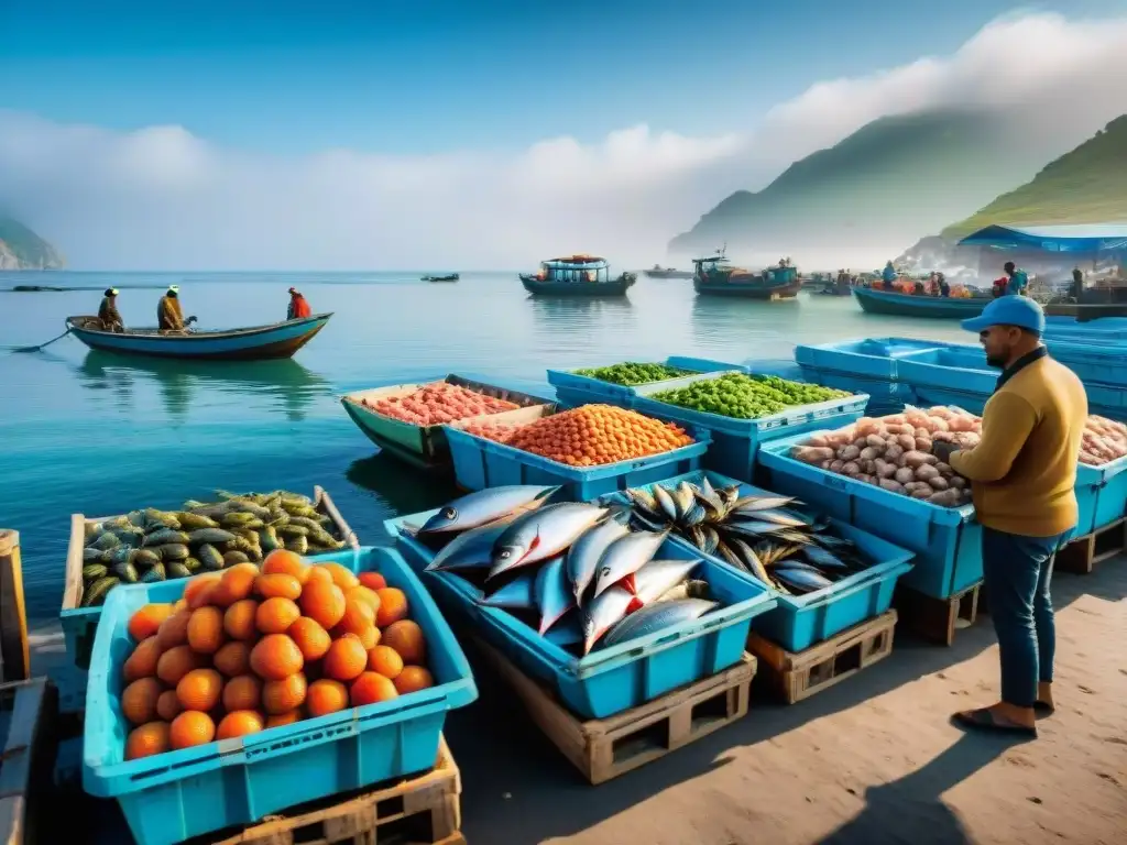 Pescadores locales en bullicioso mercado de pescado costero Un mercado costero emergente bullicioso, pescadores descargan pescado fresco bajo cielo azul