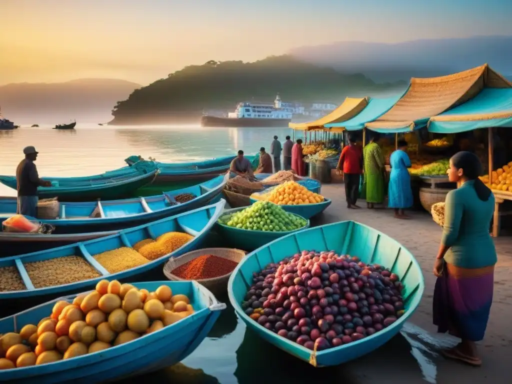 Mercado costero al amanecer: pesca fresca y colores vibrantes Un mercado costero emergente desafía al amanecer con pescadores, frutas exóticas y artesanías, reflejando vida y diversidad cultural