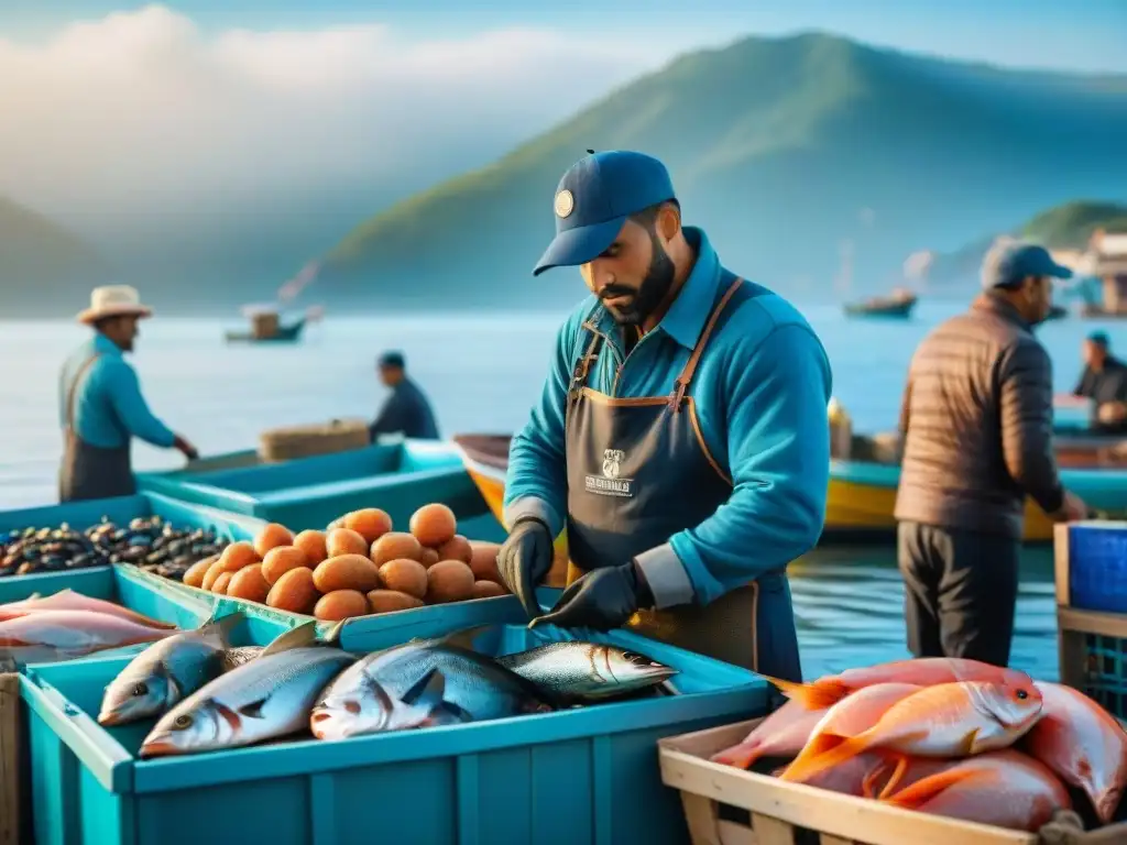 Pescadores descargan capturas frescas en bullicioso mercado costero Un mercado costero emergente exitoso, pescadores descargan capturas frescas mientras compradores inspeccionan mariscos bajo un cielo azul
