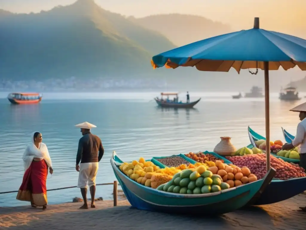 Mercado costero vibrante al atardecer: frutas coloridas, artesanías y diálogos animados Un mercado costero emergente en la hora dorada, con vendedores locales y coloridos productos bajo sombrillas vibrantes