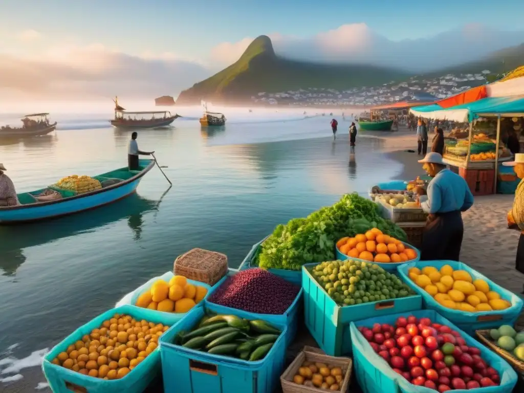 Mercado costero vibrante al amanecer: vida y color junto al mar Un mercado costero emergente lleno de vida al amanecer, con vendedores y pescadores descargando su pesca, en un escenario colorido y vibrante