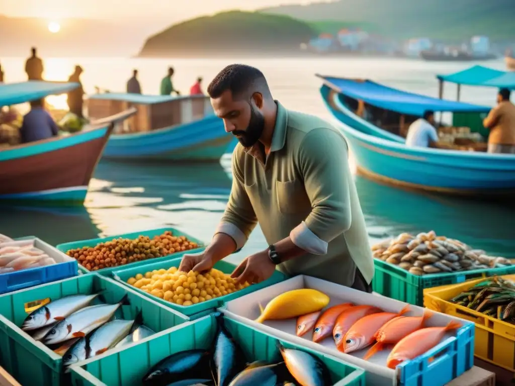 Mercado pesquero al amanecer: vida y color en la costa Un mercado costero emergente lleno de vida al amanecer, con pescadores descargando mariscos frescos