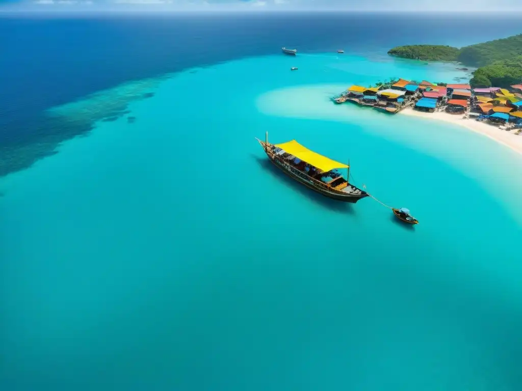 Un mercado costero emergente lleno de color y vida, con productos locales y embarcaciones tradicionales en un pueblo vibrante junto al mar