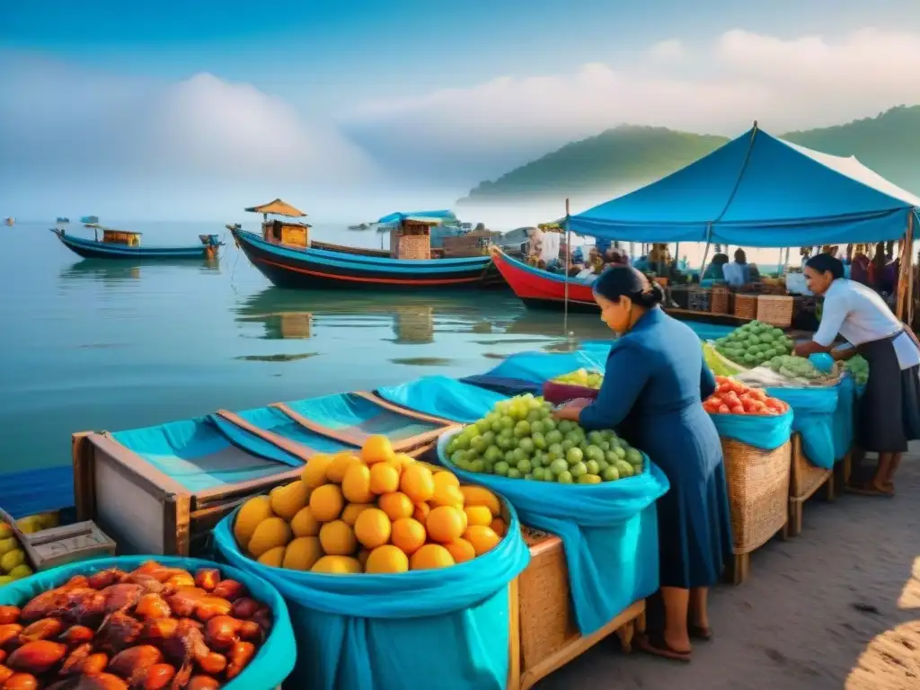 Mercado costero emergente con locales regateando mariscos frescos y frutas coloridas junto a botes tradicionales en la orilla bajo un cielo azul