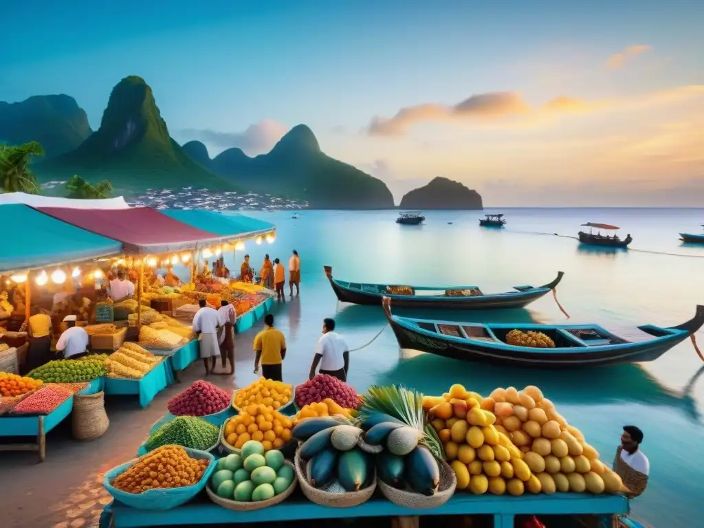 Mercado costero vibrante al atardecer en destino exótico Un mercado costero emergente en una perla oculta, con frutas exóticas, mariscos frescos y artesanías, bañado por el cálido atardecer