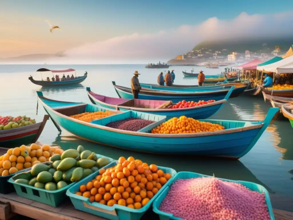 Mercado costero al amanecer: colores, sabores y cultura en su esplendor Un mercado costero emergente al amanecer: puestos coloridos, pescadores descargando pescado fresco, frutas exóticas y artesanías