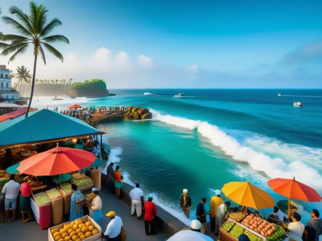 Un mercado costero emergente con puestos de mariscos, frutas y artesanías bajo sombrillas vibrantes, clientes y turistas explorando, palmeras y olas