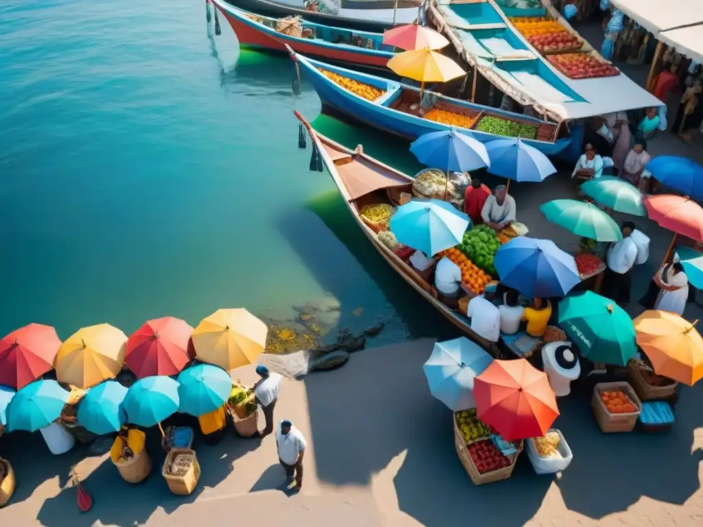 Mercado costero vibrante: puestos coloridos y diversidad cultural Un mercado costero emergente rebosante de vida y color, con vendedores y productos variados bajo coloridos toldos