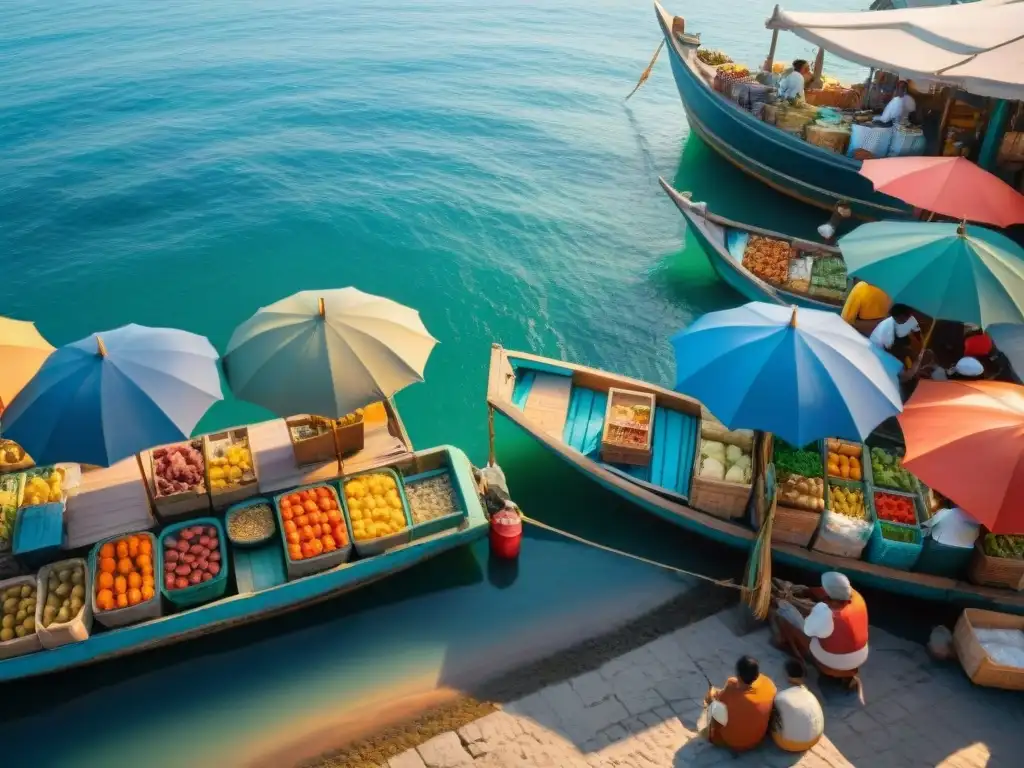 Mercado costero vibrante: mariscos frescos, frutas coloridas y artesanías bajo sombrillas vibrantes, en un escenario de barcos pesqueros y gaviotas Un mercado costero emergente rebosante de vida marina, frutas coloridas y sombrillas vibrantes