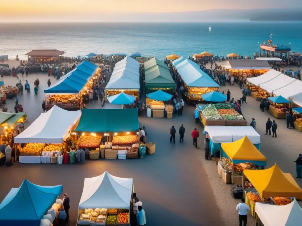 Mercado costero: colorido y vibrante junto al mar Un mercado costero emergente rebosante de vida, colores y energía frente al mar