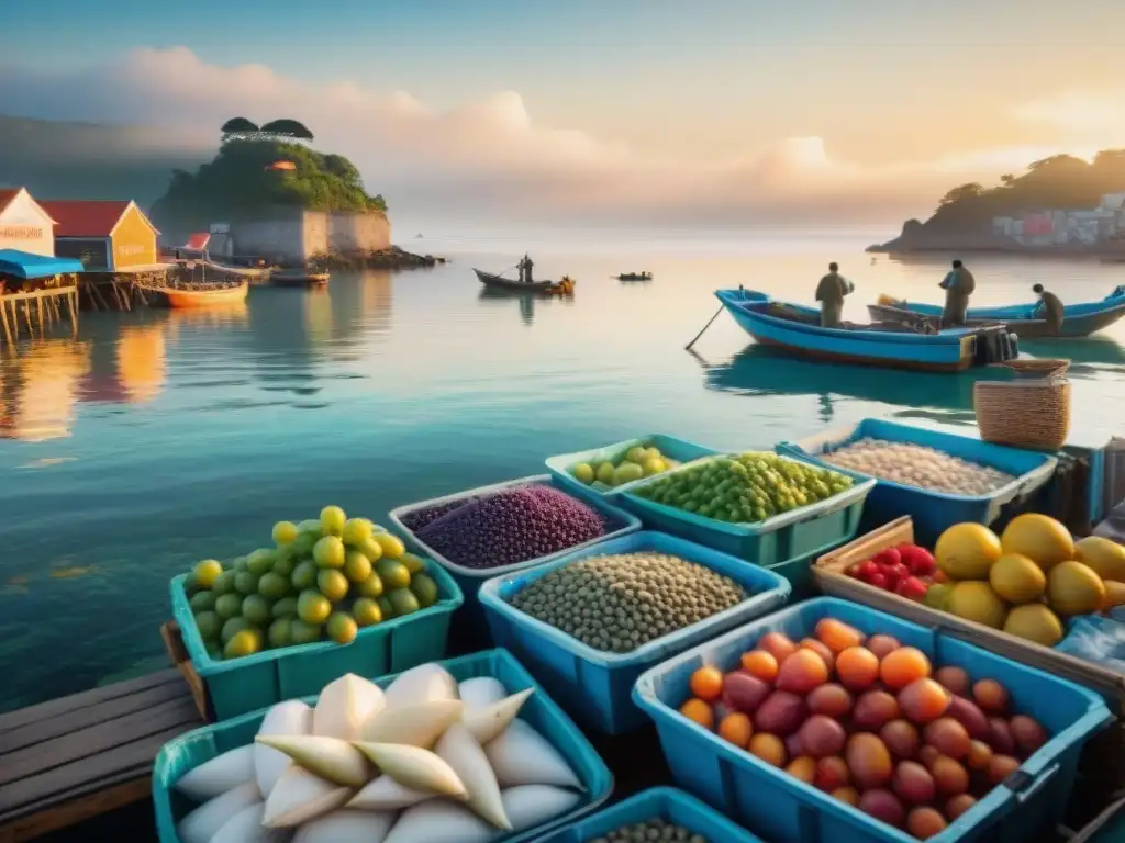 Pintoresco mercado costero al atardecer Un mercado costero emergente tranquilo con pescadores y vendedores locales en un escenario sereno al atardecer