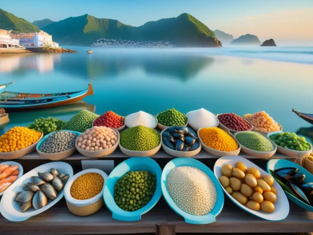 Mercado costero al amanecer: mariscos frescos y colores vibrantes Un mercado costero emergente tranquilo al amanecer con mariscos frescos y productos coloridos en puestos de madera