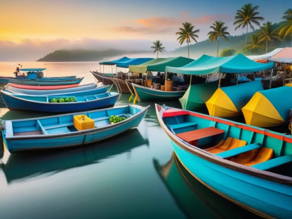 Mercado costero al amanecer: pesca, frutas tropicales y serenidad Un mercado costero emergente tranquilo al amanecer, con barcos de pesca de colores pastel y vendedores locales en un ambiente cálido y acogedor