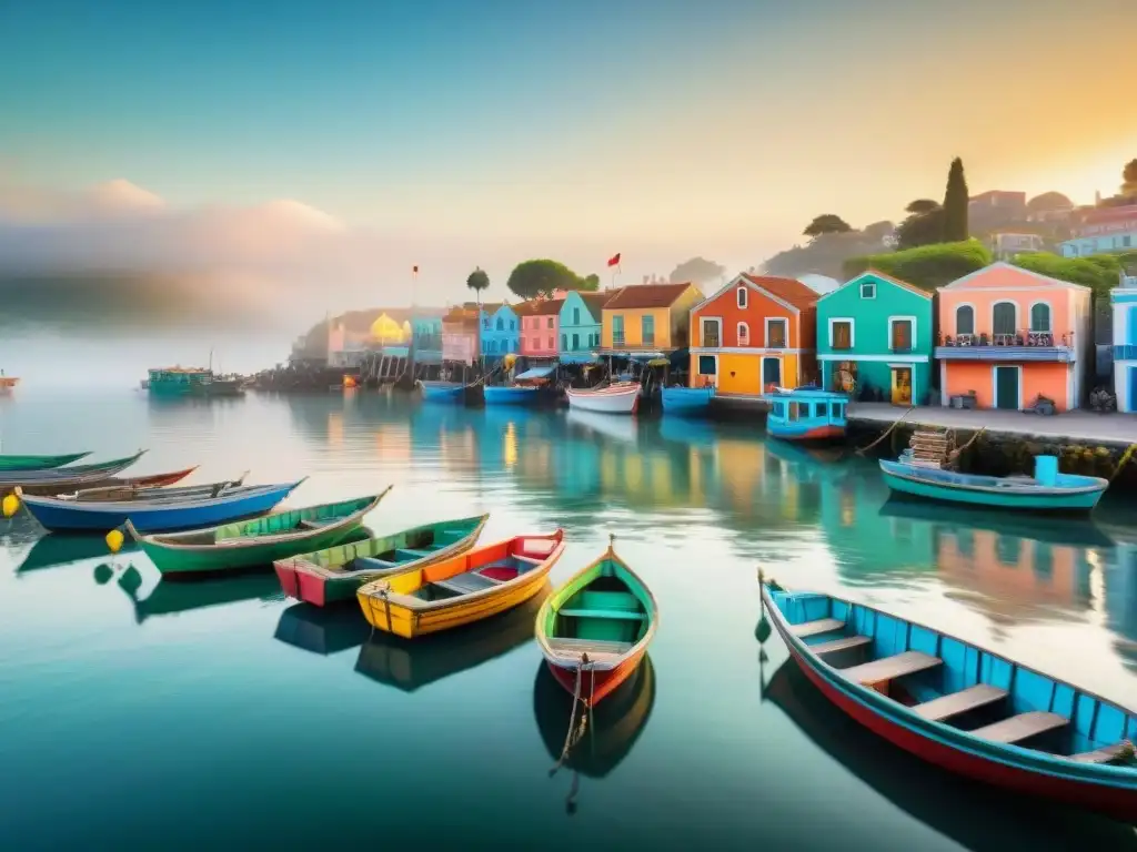 Amanecer en el mercado costero: pesca, coloridos productos y tranquilidad Un mercado costero emergente tranquilo al amanecer, pescadores descargan mariscos frescos mientras compradores exploran puestos coloridos