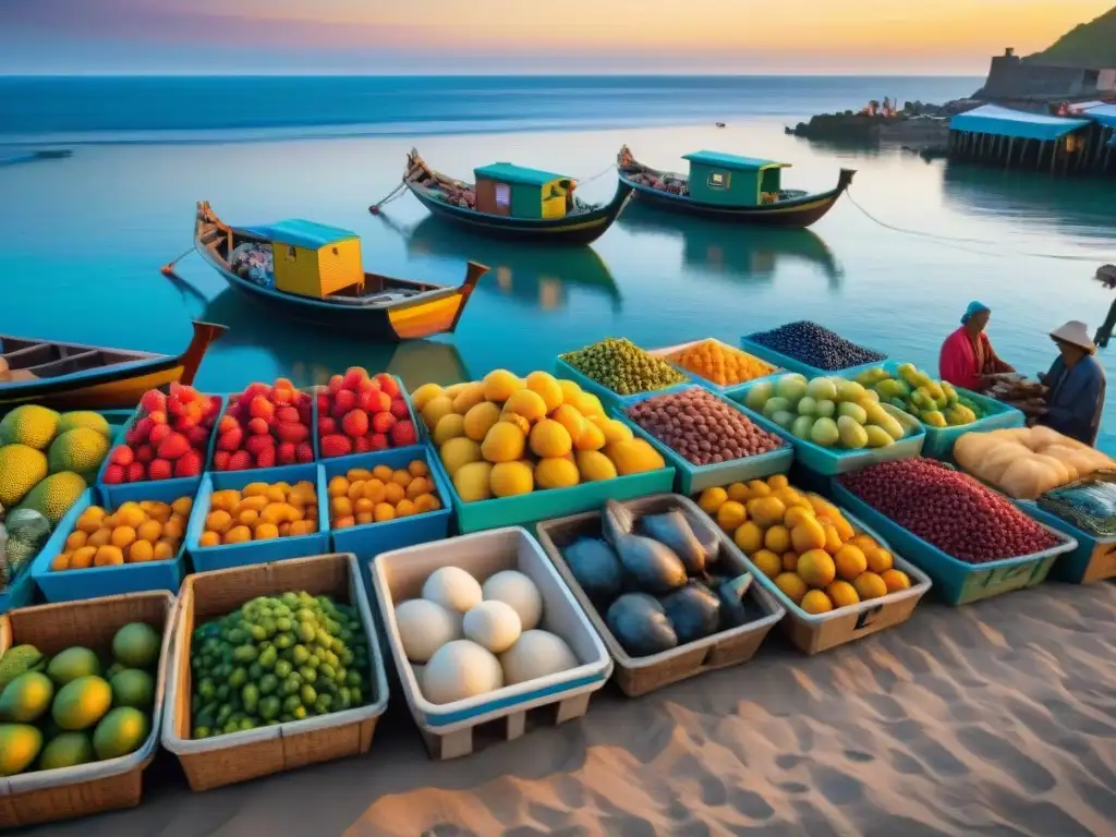 Mercado costero al amanecer: vida, colores y pesca Un mercado costero emergente al amanecer, con vendedores preparando sus puestos y barcos descargando pescado fresco