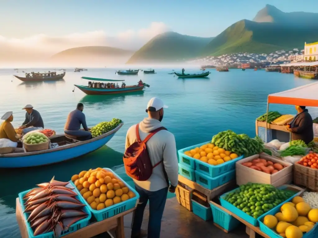 Mercado costero al amanecer: mariscos frescos, productos coloridos y artesanías locales en un ambiente animado Un mercado costero emergente en vida mar llena de colores, pescados frescos y artesanías locales, con gente animada y gaviotas sobrevolando