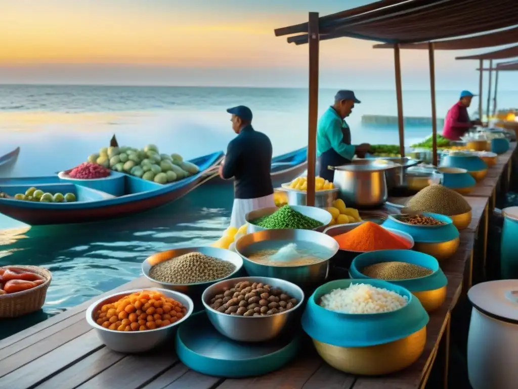 Mercado costero al amanecer: sabores y tradiciones Un mercado costero vibrante al amanecer, lleno de mariscos frescos, frutas coloridas y especias locales