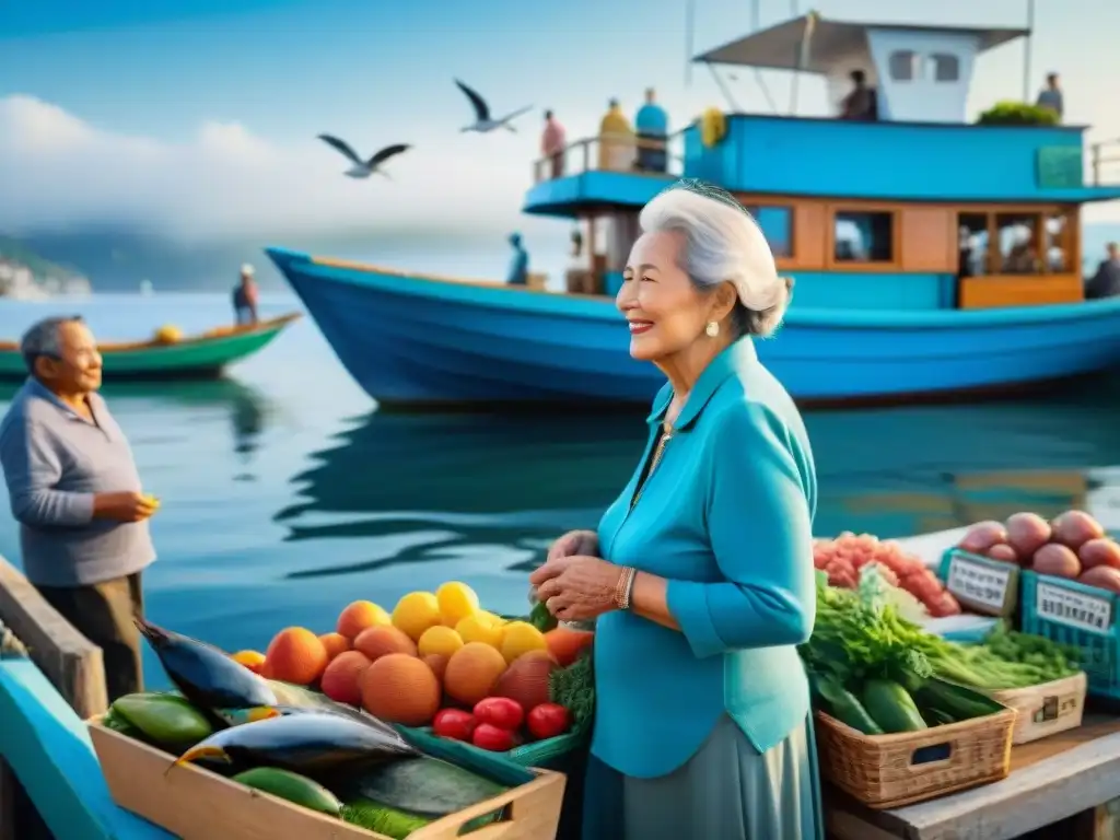 Mercado costero: vitalidad y tradición entre pescadores y ancianos Mercado costero vibrante con ancianos conversando y comprando alimentos frescos, resaltando la longevidad en comunidades costeras