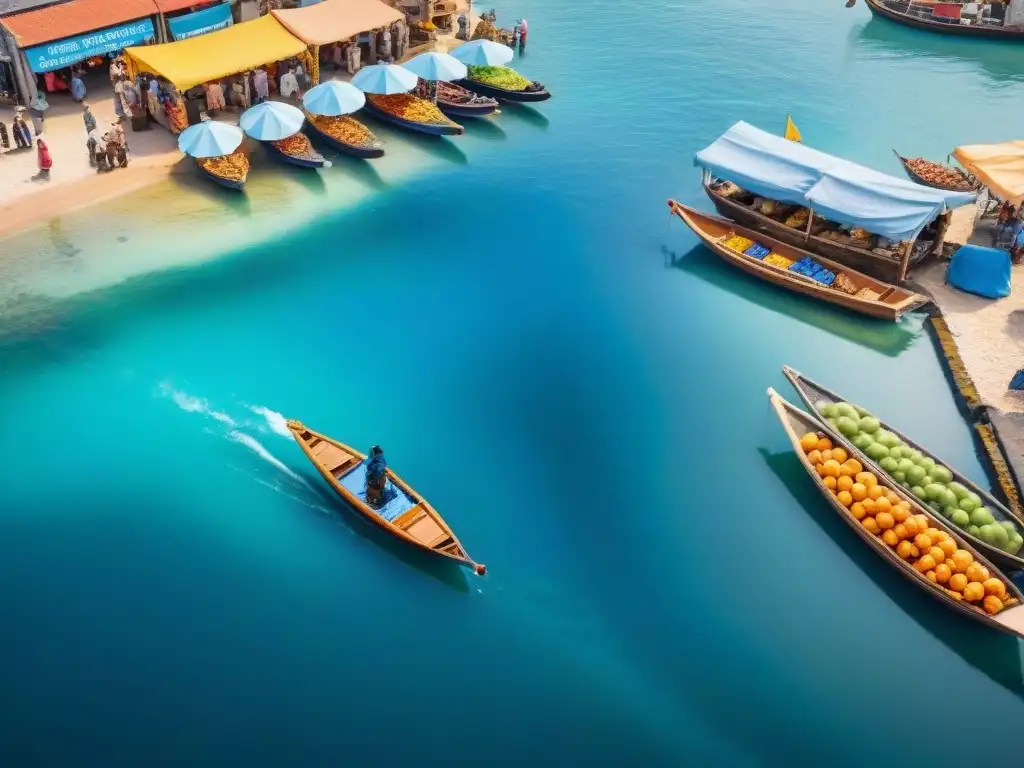 Mercado costero: colorido y vibrante escenario de comercio emergente Mercado costero vibrante con barcos coloridos, vendedores locales y clientes variados