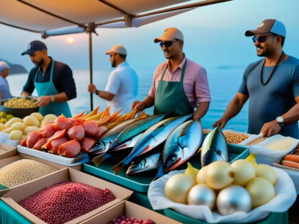 Mercado costero: fusión culinaria global en un atardecer vibrante Un mercado costero vibrante y bullicioso donde pescadores locales descargan su colorida pesca fresca, mientras chefs de todo el mundo seleccionan ingredientes tradicionales e internacionales