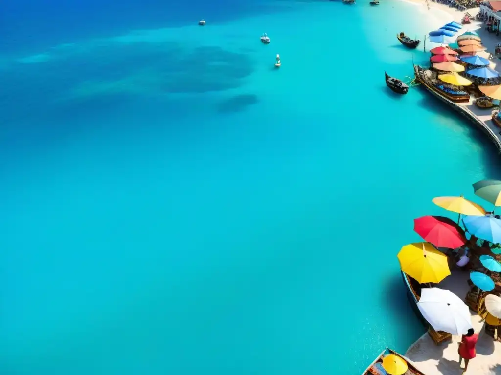 Mercado costero vibrante: diseño innovador junto al mar Un mercado costero vibrante con diseño innovador, propiedades costeras y ambiente colorido