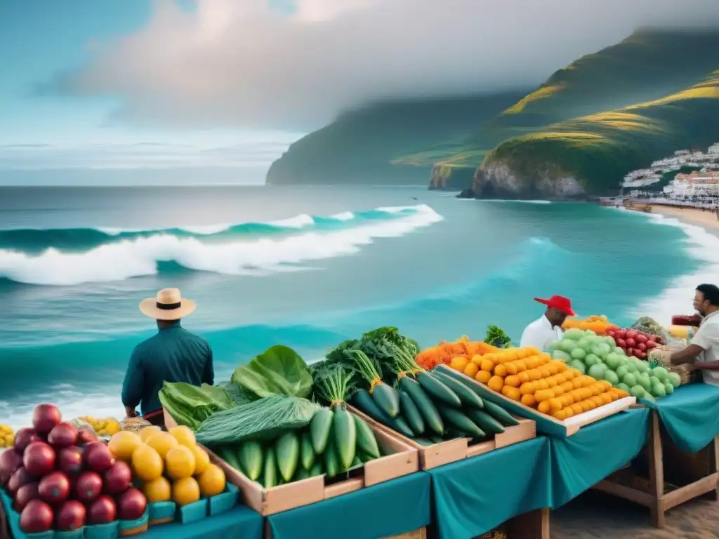 Mercado costero vibrante: frescura y color junto al mar Un mercado costero vibrante con lanzamientos de productos y coloridos puestos de venta, frente al mar