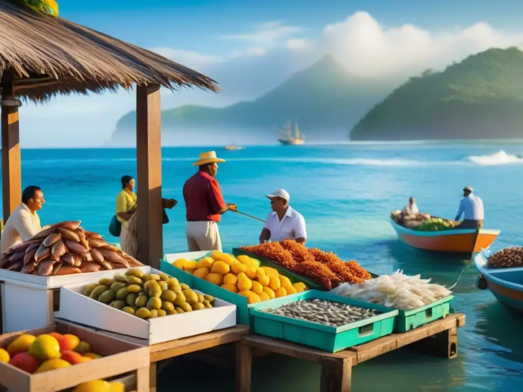 Mercado costero vibrante: mariscos frescos, frutas coloridas y bulliciosa actividad en un escenario junto al mar Mercado costero vibrante con mariscos frescos, frutas coloridas y multitudes animadas en un escenario costero exitoso
