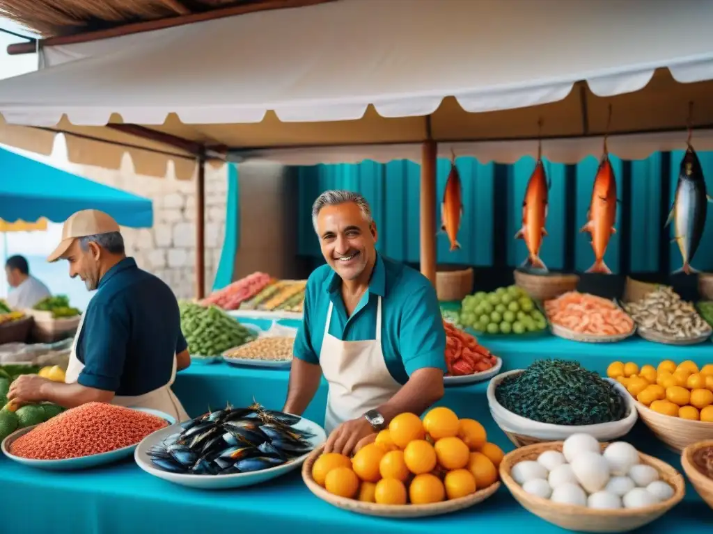 Mercado costero en Italia: maravilla culinaria junto al mar Un mercado costero vibrante en Italia con platillos costeros exóticos del mundo
