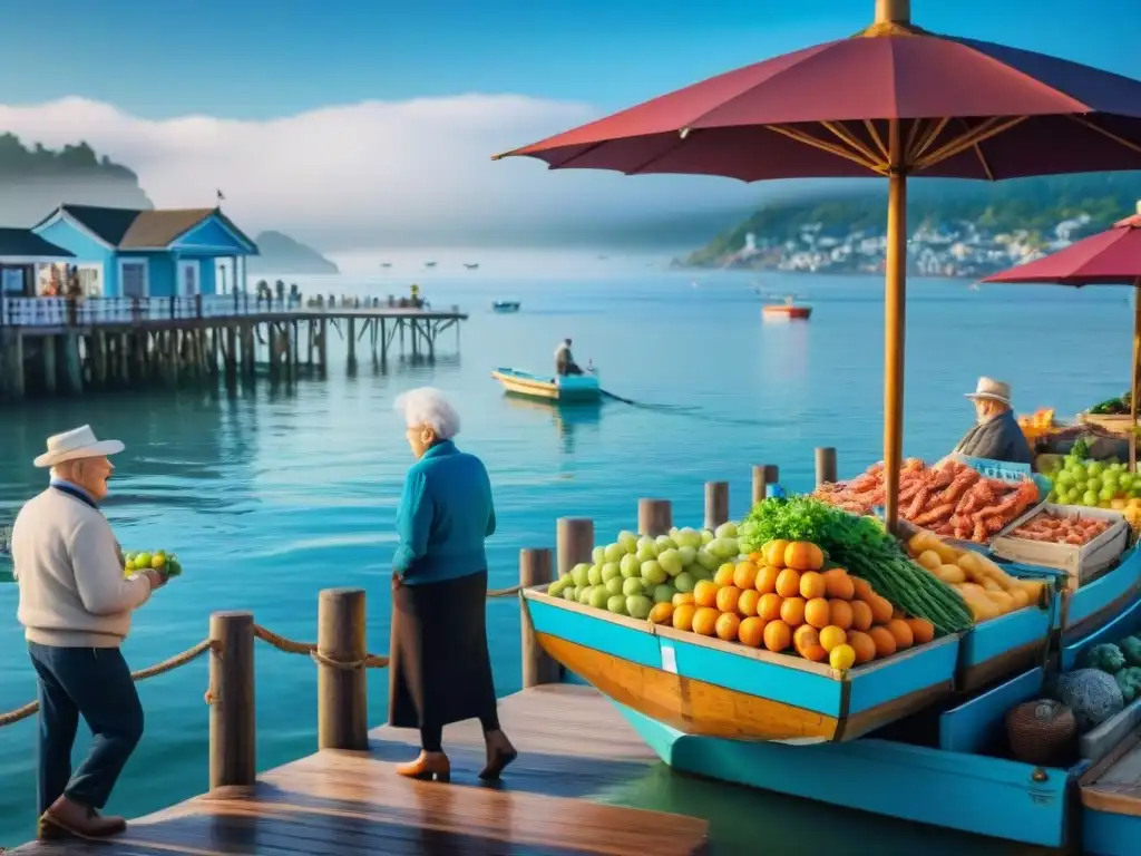 Mercado costero: comunidad vibrante y longeva Mercado costero vibrante con residentes mayores disfrutando de conversaciones animadas, comprando mariscos frescos y frutas bajo sombrillas coloridas