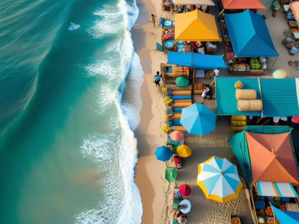 Mercado costero: colorido y vibrante en la playa Mercado costero vibrante con vendedores locales y productos coloridos en la playa, reflejando el Imperio Inmobiliario Mercados Costeros