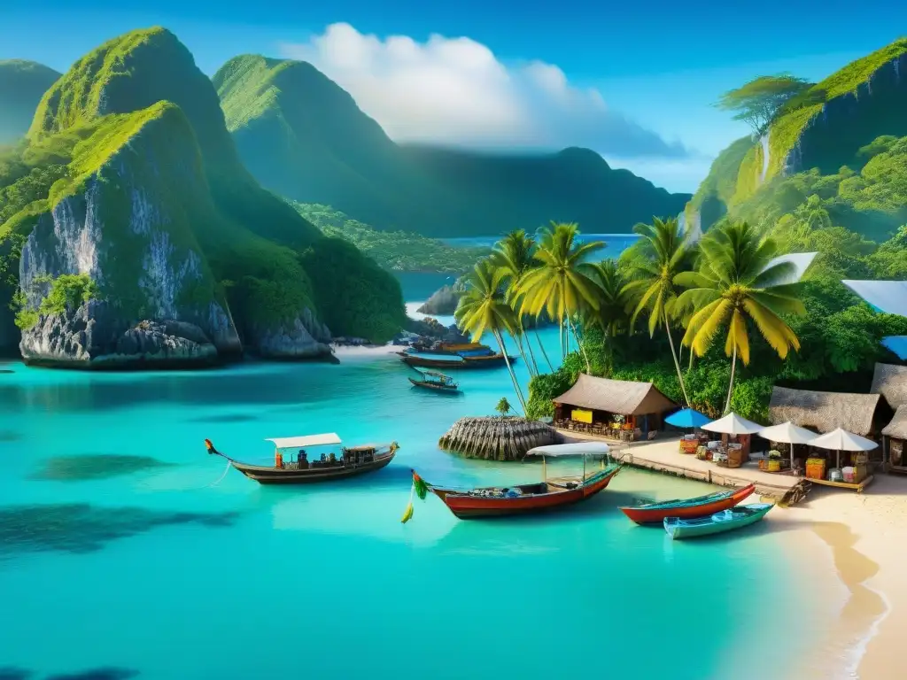 Mercado costero vibrante en isla tropical Mercado global en islas costeras: Artesanía colorida bajo palapas, turquesas aguas y barcos pesqueros