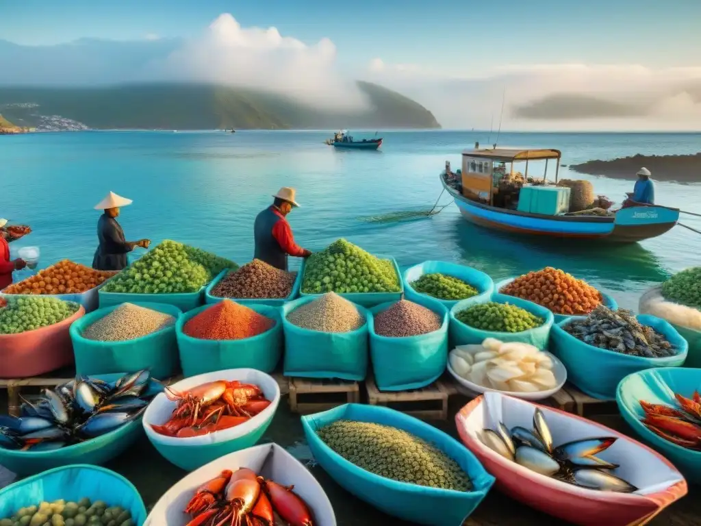 Mercado de langostas junto al mar: escena vibrante y colorida Mercado de langostas vibrante en la costa: pescadores descargan langostas frescas mientras clientes y chefs negocian