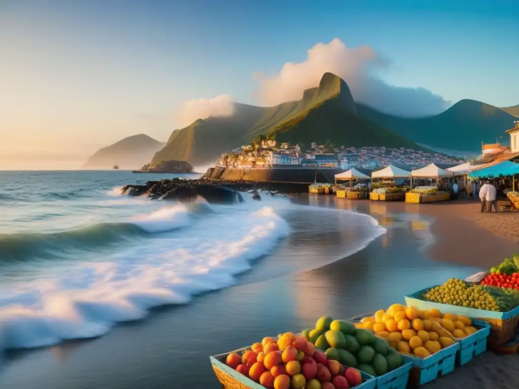 Mercado costero: frutas, mariscos y tradición junto al mar Un mercado local vibrante frente al mar al amanecer, con frutas coloridas y mariscos frescos
