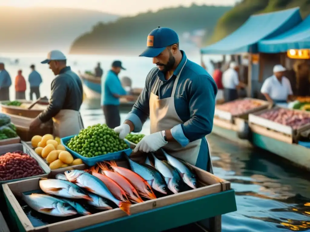 Mercado de mariscos al amanecer: pesca fresca y chefs entusiasmados Mercado de mariscos costero al amanecer, pescadores descargan capturas frescas mientras chefs seleccionan con emoción
