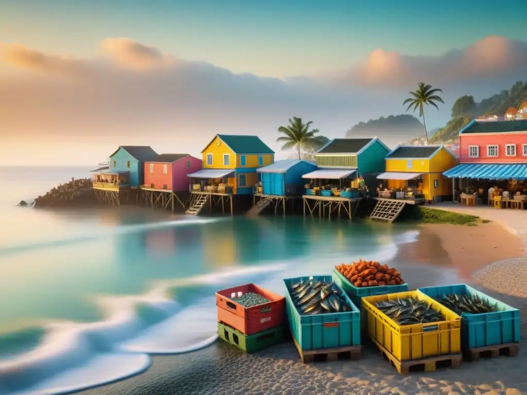 Mercado de Mariscos al Amanecer: Pesca Fresca en Pueblo Costero Un mercado de mariscos vibrante en un amanecer costero