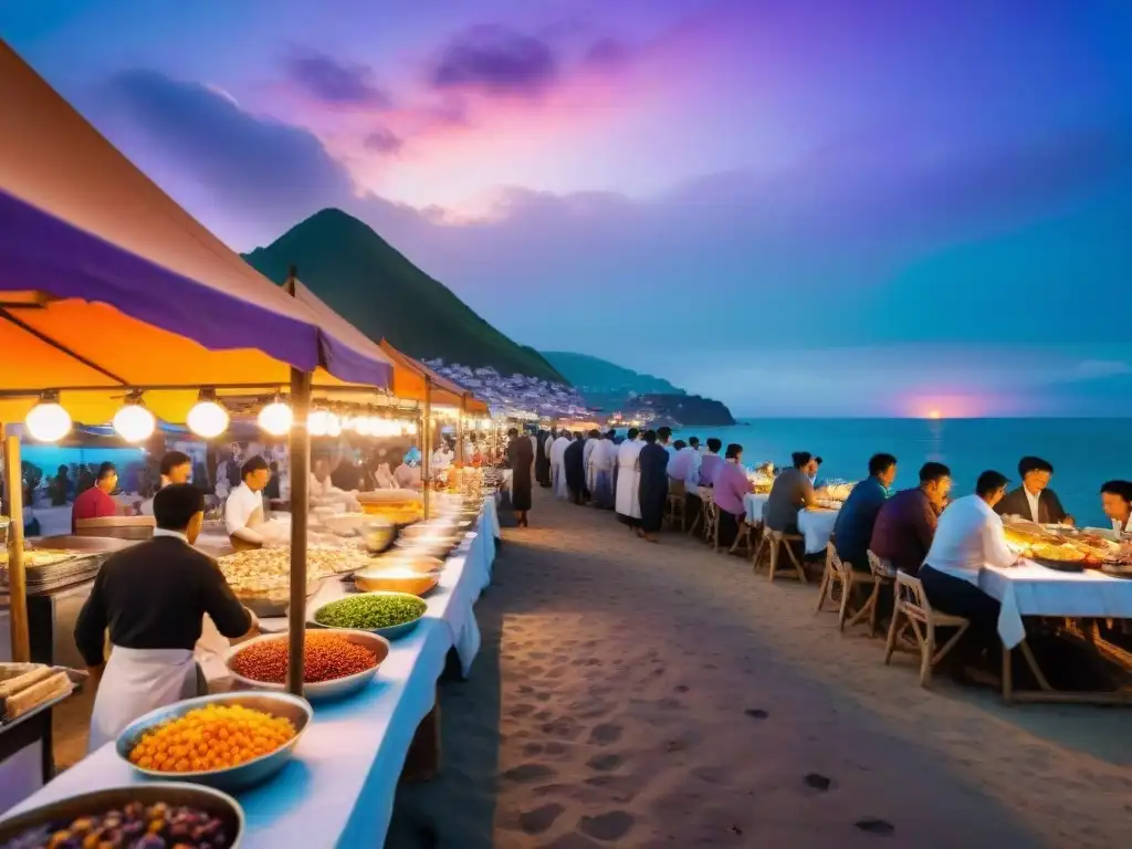 Mercado nocturno costero: sabores y colores bajo la puesta de sol Un mercado nocturno bullicioso en la costa, con puestos de comida coloridos iluminados y un chef preparando una delicia costera