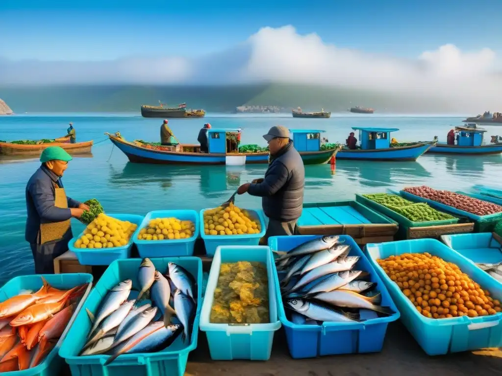 Mercado de pescado vibrante junto al mar: frescura y color local Un mercado de pescado vibrante junto al mar, con pescadores locales descargando capturas frescas y coloridas