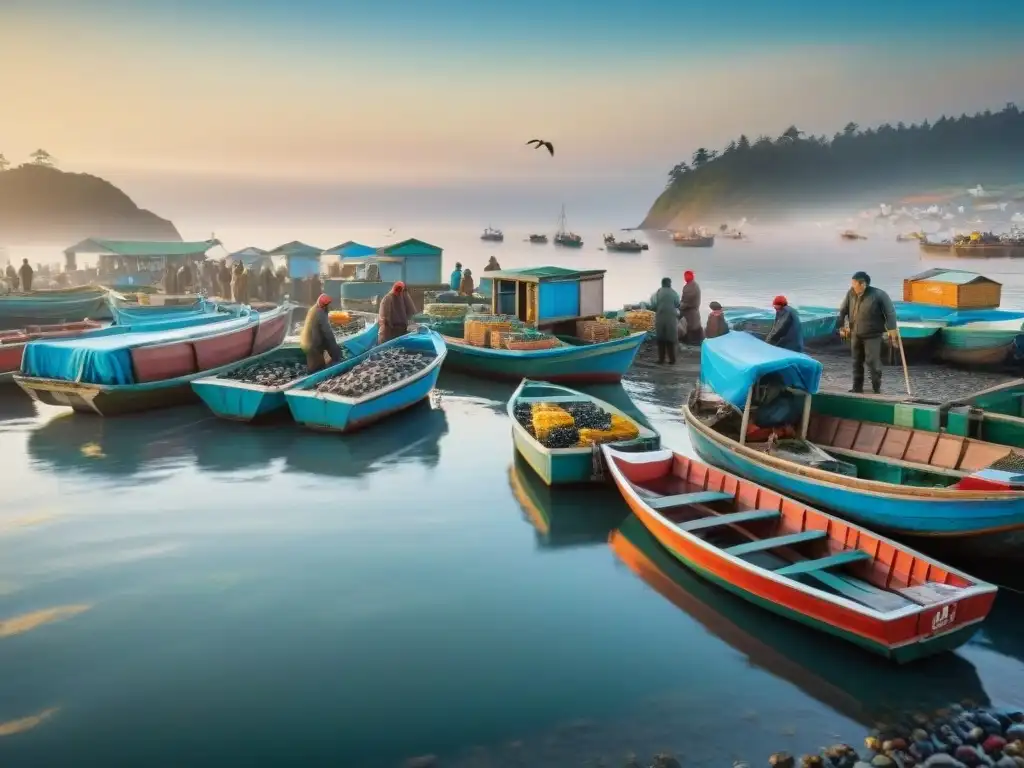 Mercado de pescado al amanecer: energía costera y frescura Un mercado pesquero bullicioso al amanecer, con pescadores descargando capturas frescas y coloridas de botes de madera