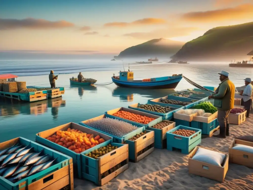 Mercado pesquero costero al amanecer: escena vibrante de pesca sostenible Un mercado pesquero costero bullicioso al amanecer, con pescadores descargando capturas frescas y coloridas mientras las gaviotas vuelan