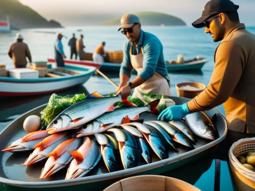 Mercado pesquero costero al amanecer: escena vibrante y auténtica Mercado pesquero costero bullicioso al amanecer, pescadores descargan pescado fresco rodeados de gaviotas