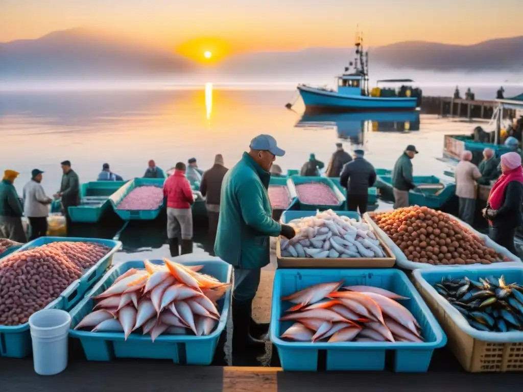 Mercado pesquero costero al amanecer: escena vibrante y colorida Un mercado pesquero costero bullicioso al amanecer, pescadores descargan mariscos frescos y coloridos