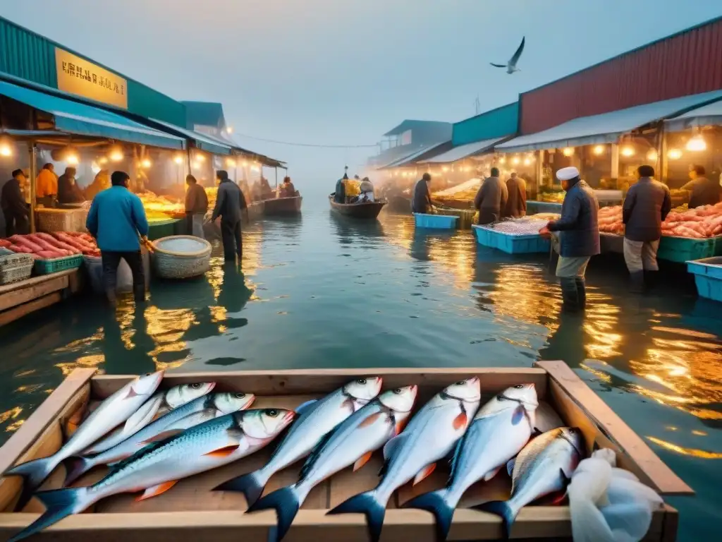 Mercado pesquero costero al amanecer: pescadores locales descargan pescado fresco mientras clientes regatean Un mercado pesquero costero bullicioso al amanecer, con pescadores locales descargando pescado fresco y colorido de sus botes